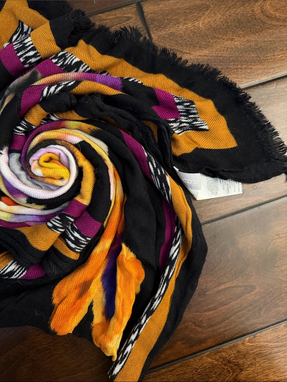Chico's Black Multi-Color Floral Fringe Scarf - Picture 4 of 4